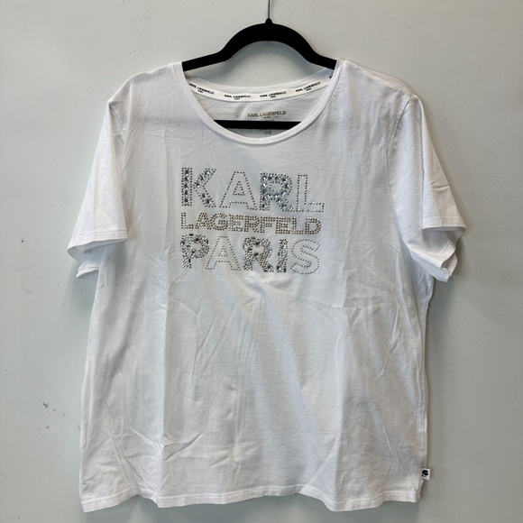 Karl Lagerfeld Paris White T-Shirt Women's Size XL Rhinestone Bling - Picture 3 of 12